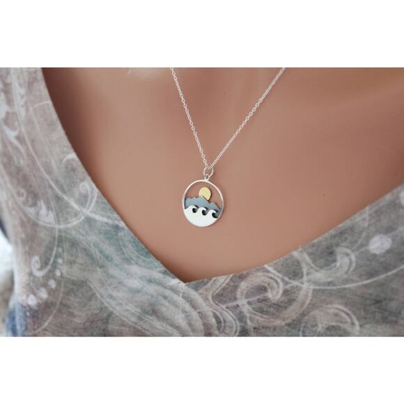Sterling Silver Mountain and Ocean Pendant with Bronze Sun Necklace - Picture 5 of 5